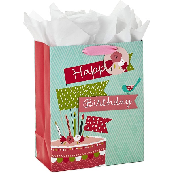 Hallmark 13" Large Birthday Gift Bag with Tissue Paper (Birthday Cake Flag, Pink and Blue)