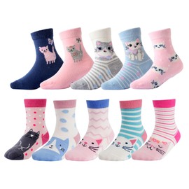 CHUNG Toddler Little Girls Crew Socks Cotton Novelty Sports Casual Daily Fun Cute Animal Pupil Students School Back, 10 Pack, Cat, 8-11Y