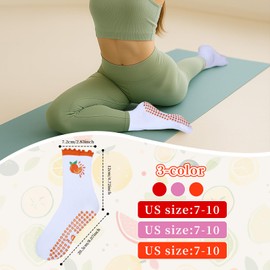 DASHUAIGE 3/6 Pairs Pilates Grip Socks, Yoga Non Slip Crew Socks for Girls, Fruits Patterns Embroidery Ballet Socks for Women (Pink+Red+Orange)