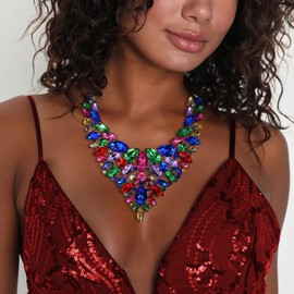 Flyonce Rhinestone Chunky Bib Collar Necklace, Multicolor Crystal Costume Statement Jewelry for Women