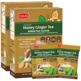 Pocas Honey Ginger Instant Tea Powder, Green Tea Flavor 2-Pack, Real Ginger Extract & Honey, 20 Packets per Box