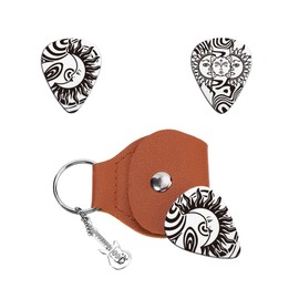 UNICRAFTALE Psychedelic Style Guitar Picks Gifts Keychain Two-side Engraved Stainless Steel Reusable Sun Face Guitar Pick with Brown PU Leather Case Plectrum Guitars Set for Guitars Player Birthday