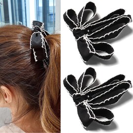 Ribbon Bow Banana Hair Clips for Women Girl，2PCS Vertical Ponytail Claw Clip Korean Style Bowknot Ponytail Claw Large Banana Clip for Thick Hair Accessories (Black)