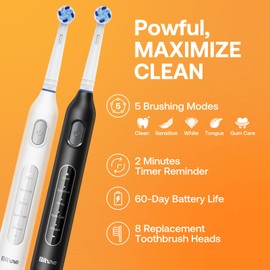 Bitvae Rotating Electric Toothbrush 2 Packs for Adults and Kids, 8 Brush Heads 60-Day Battery Life, 5 Modes Power Toothbrush with 2-Minute Smart Timer, Black & White, R1