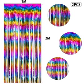Wqafe 2PCs Rainbow Glitter Tinsel Curtains 3.2x6.5ft Foil Iridescent Curtain Backdrop with Fringe and Tassel Tinsel Strings for Disco, Birthday Party Decoration,Engagement,School Events