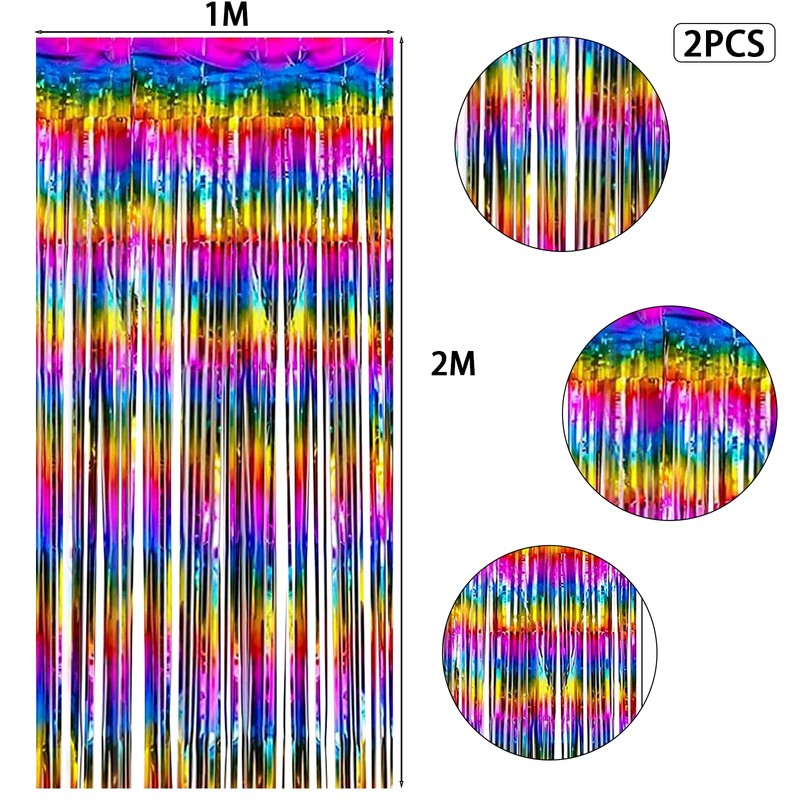 Wqafe 2PCs Rainbow Glitter Tinsel Curtains 3.2x6.5ft Foil Iridescent Curtain