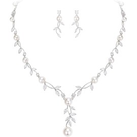 EVER FAITH - Juego de joyas de boda para mujer, circonita cúbica de marquesa blanca, perlas de imitación florales, vides nupciales