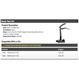 Marketplace Auto Parts Heater Hose Set - From Tube to Lower Intake - Compatible with 1985-1994 Ford F-150 5.0L 5.8L V8