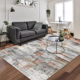 vivorug Washable Rug, Ultra Soft Area Rug 3x5, Non Slip Abstract Rug Foldable, Stain Resistant Rugs for Living Room Bedroom, Modern Fuzzy Rug (Gray/Rust, 3'x5')