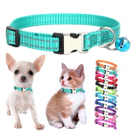 Teal Cat Collar with Bell, Reflective Nylon X-Small Puppy Collars Soft Adjustable Buckle for XXS XSmall Small Puppy Female Tiny Pets Dogs Boy Girl Kitten Yorkie Chihuahua XS