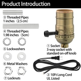 Lamp Rewire Kit, 10 Foot Matching Cord, 3 Way Socket and Essential Hardware, Table and Floor Lamps Socket Replacement, Rewire and Repair, DIY Light Making Kit