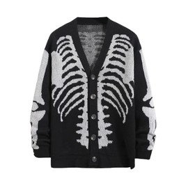 SHENHE Men's Skeleton Pattern Cardigan Sweaters Long Sleeve Unisex Outwear Knitted Coats Black XL