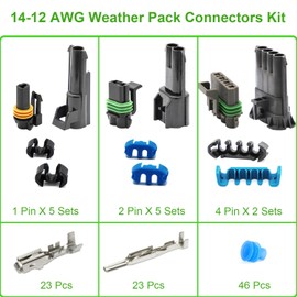 Twippo 14-12 AWG 1/2/4 Pin Connector Weather Pack Connectors Kit 1/2/4 Wire Waterproof Automotive Electrical Plug Connectors Quick Connect and Disconnect (12 Sets)