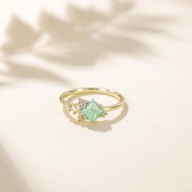 Mameloly 14K Gold Plated Created Opal Rings Princess Cut Dainty CZ Wedding Band Thin Stackable Cubic Zirconia Promise Engagement Ring for Women Size 7