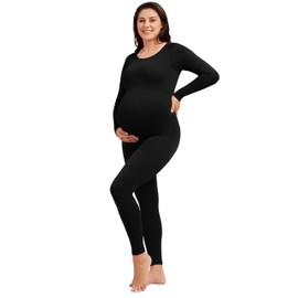 Angelhood Maternity Bodysuit Ribbed Long Sleeve Maternity Workout Romper One Piece Yoga Pregnancy Jumpsuit Shapewear, Small Black