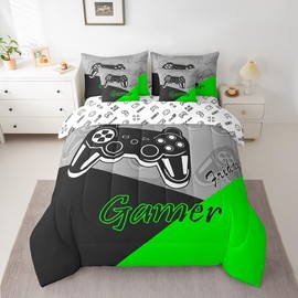 Feelyou Gamer Comforter Set with Sheets Gaming 7 Piece Bedding Set Twin Size for Teens Boys Video Game Decor Bed in a Bag Game Controller Bed Set Green