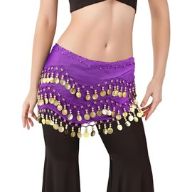 WERFORU Women Belly Dance Hip Scarf ladies Belly Dance Skirt with Sparkling Gold Coins Belly Dancer Outfit for Women, Purple-