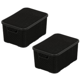 BranQ - Home essential Basket with Lid in Rattan Design, Set of 2, Size M, 10 L, BPA-Free Plastic PP, Black, 28.8 x 19.7 x 16.2 cm, Pack of 2