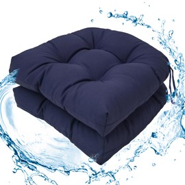 Wadser Outdoor Chair Cushions Set, 2 Pcs Seat Cushions with Ties Waterproof Chair Pads, Patio Wicker Tufted Cushions 19"x19"x3.9", Navy