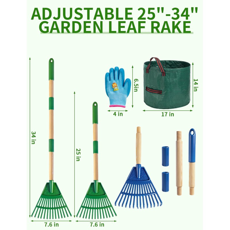 2 Pack Kids Adjustable Leaf Rake(25" to34) with 2 Pairs
