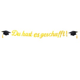 BETESSIN Graduation Decoration Glitter Gold - Du hast es geschafft - Garland with Graduate Hat Motif - Graduation Decorative Banner Paper - Hanging Decoration for Graduation, Bachelor and Master