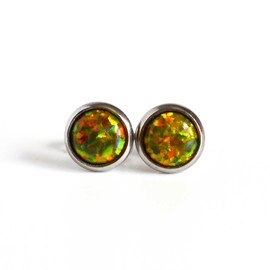 Opal Stud Earrings - Hypoallergenic Surgical Steel Studs - Protection Crystal - October Birthstone (Olive)