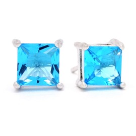 Blue sparkly princess stud earrings 925 sterling silver hallmarked with black jewelry box and gift bag (Blue)
