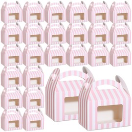 Mooliwe 50 Pcs 6 x 3.5 x 3.5 Inch Pink and White Striped Gable Boxes for Party Favors Bulk Party Favors Pink Small Paper Treat Goodie Box with Clear Window Handle for Baby Shower Birthday Wedding