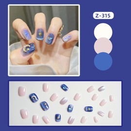 Vezocim Press on Nails Short Square Shapes 24Pcs Glossy Full Cover Artificial Blue Fake Nails with Gold Moon Star Gems Designs Reusable Acrylic Coffin Short False Nails Glue Fingernails for Women