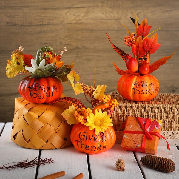 Soaoo 3 Pieces Thanksgiving Pumpkin Fall Decor Small Pumpkins with