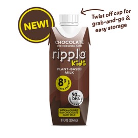 Ripple Kids Chocolate Plant Based Milk | Pediatrician Reccommended | 8g Pea Protein | Shelf Stable | Vegan & Non GMO Certififed | Dairy, Soy, Nut, Gluten, and Lactose Free | 8 Fl Oz (Pack of 12)