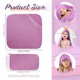VitalCozy 12 Pcs Baby Muslin Hooded Bath Towels and Washcloths, 32 x 32 Inch Muslin Cotton Hooded Baby Towels Absorbent Hooded Blankets for Gift Newborn Infant Shower (Purple Series)