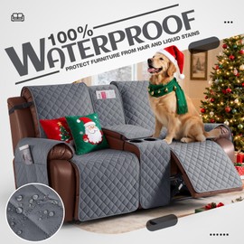KinCam 100% Waterproof Recliner Loveseat Cover with Console, Non-Slip Reclining Couch Covers for 2 Seat, Recliner Sofa Cover Furniture Protector with Elastic Straps for Kids, Pets, Dark Gray