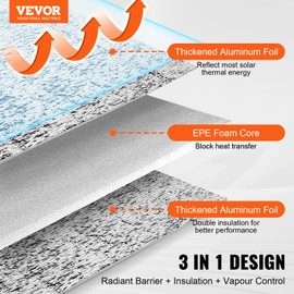 VEVOR Double Reflective Insulation Roll, Foam Core Radiant Barrier, 3.2 mm 23.8 in x 50 ft, Double-Sided Aluminum Foil EPE Foam Heat Reflective Shield, Thermal Insulation Roll for Window RV Roof
