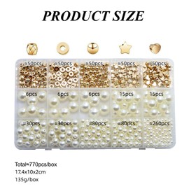 White Beads for Threading, 720 Pieces White Faux Pearls, Craft Beads and Gold Spacer Beads with Storage Box, 4/6/8/10/12 mm Loose Beads for Necklaces, Bracelets, Jewellery Making