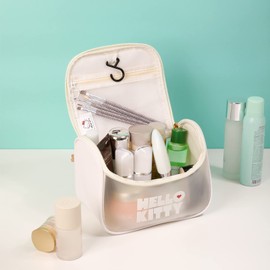 Large Capacity Cosmetic Bag Travel Make up Bag Toiletry Pouch Packing Bag with Zipper Accessory Organizer for Women and Girls, White Letter Bucket Bag, Cute