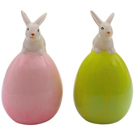 2er Set Moderne Dekohasen, Osterhasen, Osterdeko Hasenpaar, Ostereier glänzend aus Keramik in rosa und grün, Lieferumfang: 2 Dekoeier, Maße eines Hasen auf Osterei: L/B/H 9 x 9 x 16 cm.