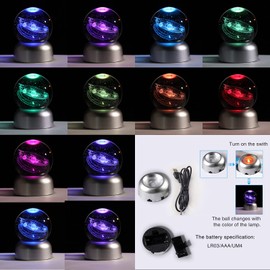 2.36" K9 Crystal 3D Solar System ball with LED Lamp Base, Engraving Shooting Star Planet Model, Gifts for Astronomy Lovers