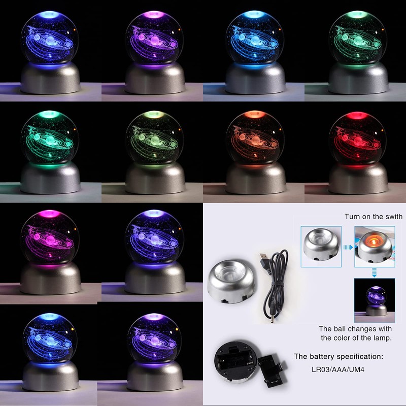 2.36" K9 Crystal 3D Solar System ball with LED Lamp