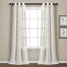 Lush Decor Farmhouse Textured Grommet Sheer Window Curtain Panel Pair, 38"W x 120"L, White