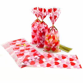 SaktopDeco 100 PCS Valentines Day Gift Bags Heart Cellophane Bags Goodie Bags Candy Bags With Twist Tie for Party Supplies