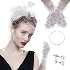 Fascinators for Women And Lace gloves，Trinket，Hat and Short Lace Gloves Feathers Veil Mesh Headband Floral Lace Gloves for Wedding, Party
