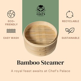 Chef's Palace Bamboo Steamer Basket | 10 Inch 2 Tier Dumpling, Rice and Vegetable Steamer | Chopsticks and Chopsticks Helpers, Silicon Liners, Ring Adapter, Dumpling Helper and Instructions Manual.
