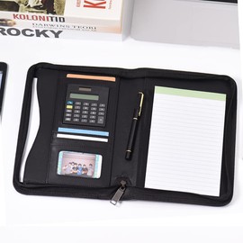 A5 PU Leather Business Portfolio with Calculator Zippered Document Organizer with Card Slots, USB Holder & Writing Pad for Professionals