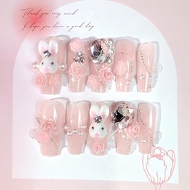 3D Rabbit Nail Tips, Set of 24, Removable, Reusable Long Design, Cute for Parties, Dating, Everyday Use, Easy Installation, Pink Rabbit Motif, Nail Tips