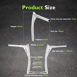 Mofun 14" Rise Handlebar Ape Hangers, 1" Clamp Area Diameter, 1-1/4" Bar Diameter Compatible with Harley Sportster XL 883 1200 Softail Dyna, Road King 1994-2022, Road Glide 1998-2013 Chrome