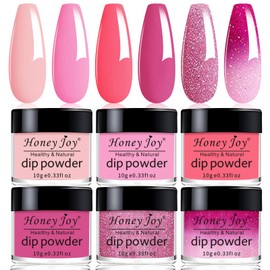 Honey Joy Color Changing Dip Powder Set,6 Colors Glitter Pink Dipping Powder Set Nail Art Manicure DIY Salon Home Gifts for Women, No Need Nail Lamp Cured, DP-V