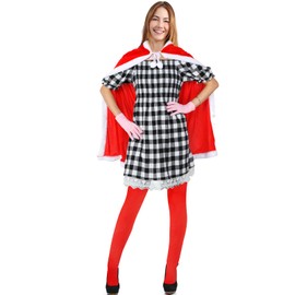 Xuhal Set of 5 Pcs Christmas Costume for Women Christmas Gingham Dresses Velvet Hooded Cape Tights Gloves Bow for Girl (Small)