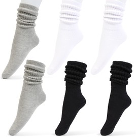 HOT FEET Girls Slouch Socks - 6 PK Tall Stacked Slouchy Socks, Warm Cotton Blend Long Calf Socks for Kids, Little Girls 6-8 Years, 2 Black/2 White/2 Gray