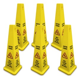 8 NET 6-Pack Reliable 36’’ Bright Yellow Caution Wet Floor Cones, 4-Sided Bilingual Caution Sign, Wet Floor Imprint| Cuadado Piso Mojado| Avoid Fall & Slip Accident